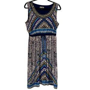 JM Collection Multicolored Patterned Midi Dress. Size Medium